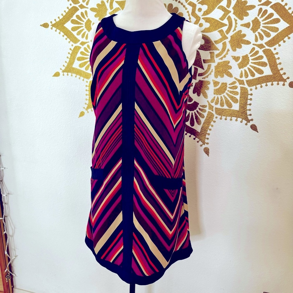 Miss Sixty A line dress. Purple pinks navy stripes. Size 8
